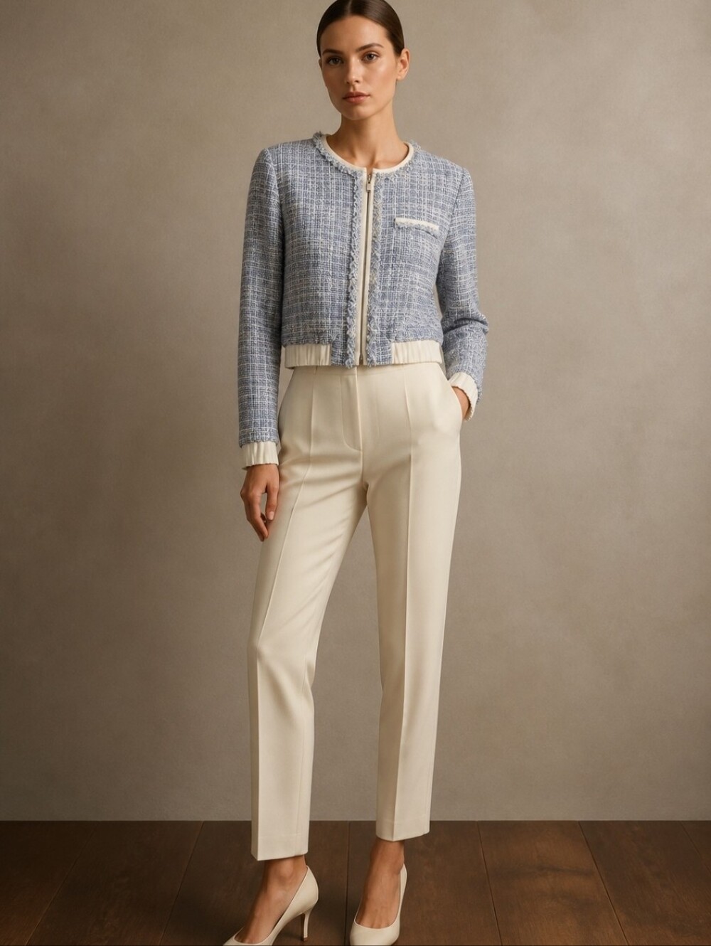Lucy Paris Light Blue Tweed Bomber Jacket with Cream Trim Size M